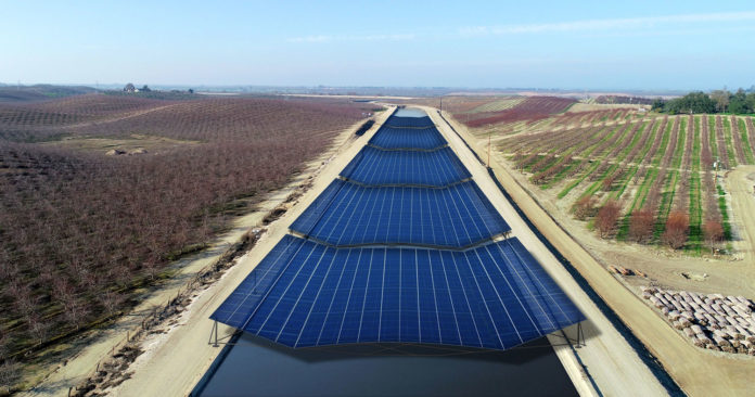 Conceptual rendering of solar panels spanning the 110 foot-wide TID Main Canal.