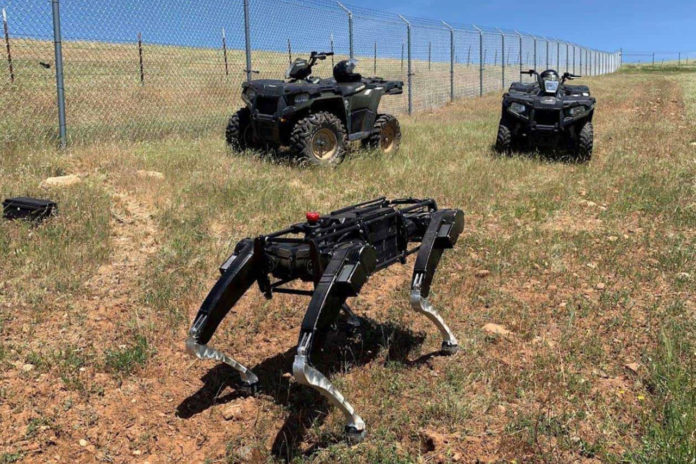 A robot dog operating alongside ATVs in the southwest U.S.