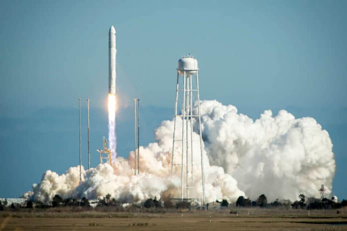 The Orbital Sciences Corporation Antares rocket launching from the Mid-Atlantic Regional Spaceport at the NASA Wallops Flight Facility in Virginia.