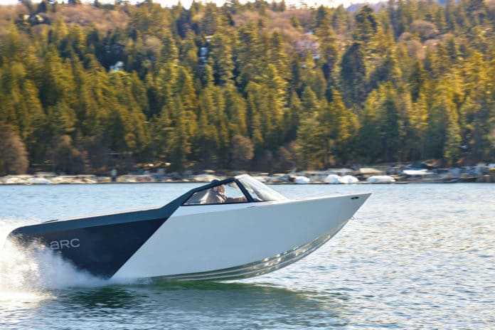 Arc One electric speedboat with 40 mph hits the water.