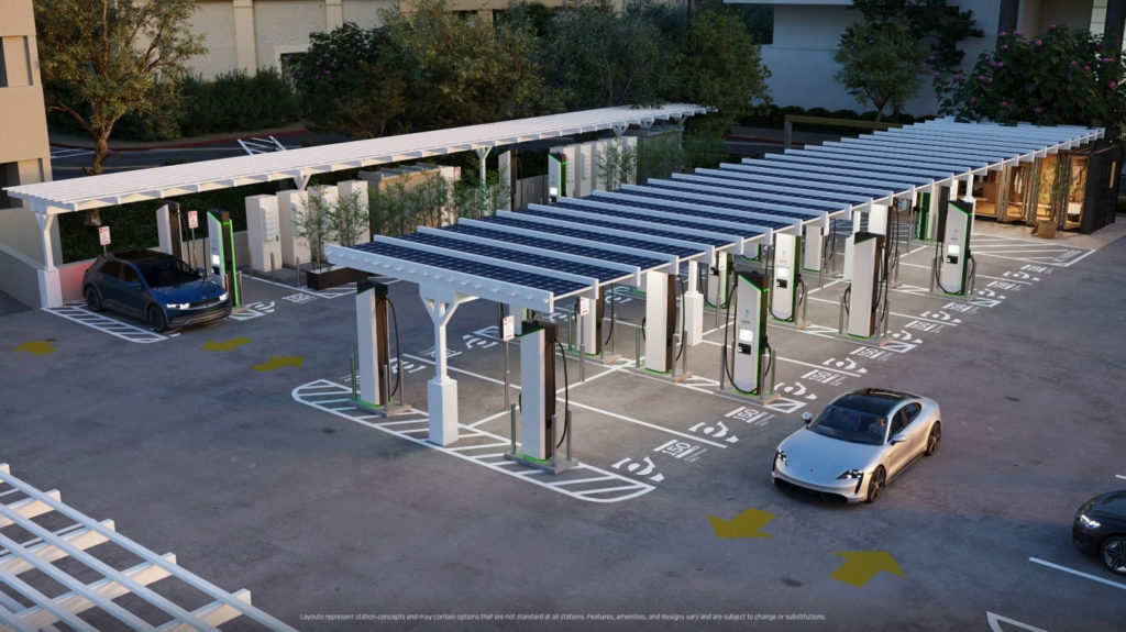 The charging station design will add comfort elements such as solar canopies and awnings, customer waiting areas.