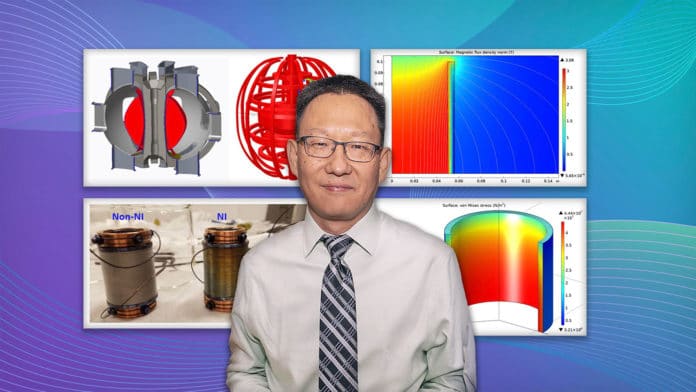 PPPL physicist Yuhu Zhai in front of a series of images related to his magnet research. Clockwise from top left: A computer image of a tokamak fusion facility, two images showing magnetic forces in new superconducting magnets, a photo of a magnet prototype.