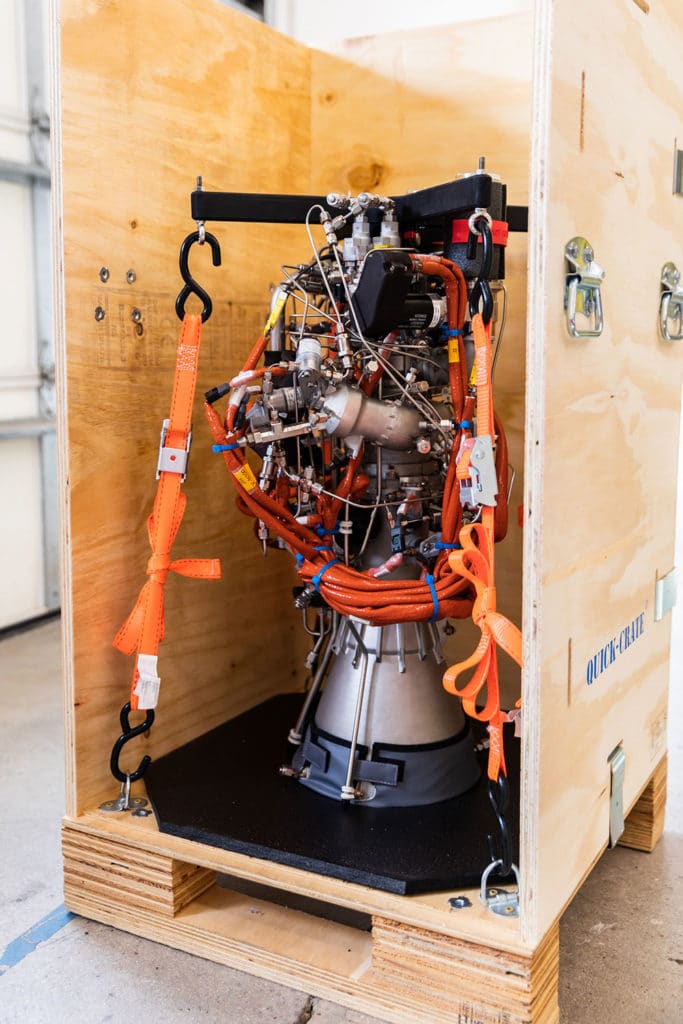 Oxygen-rich, staged combustion "Hadley" engine being prepared for shipment.