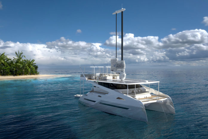 ZEN50 solar-electric catamaran features fully-automated wingsail.