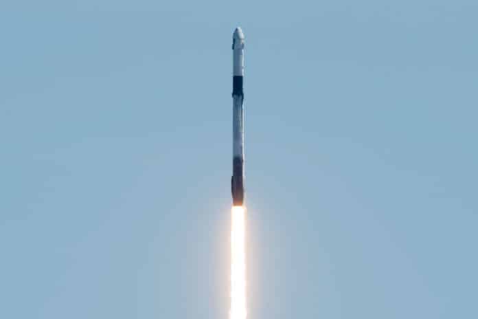 A SpaceX Falcon 9 rocket carrying the company's Crew Dragon spacecraft is launched on Axiom Mission 1 (Ax-1) to the International Space Station