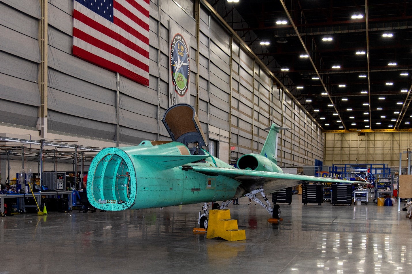 The X-59, unwrapped after transport back to Lockheed Martin’s Skunk Works facility in Palmdale, California, will now undergo final integration.