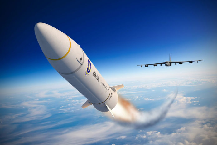 Rendering of bomber shooting ARRW hypersonic missile.
