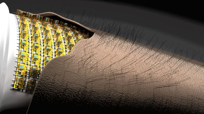 Highly integrated flexible microelectronic 3D sensorics perceive movement of fine hairs on artificial skin.