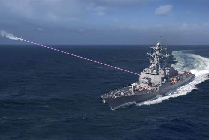 Artist’s concept of a HELIOS laser system aboard a U.S. destroyer.