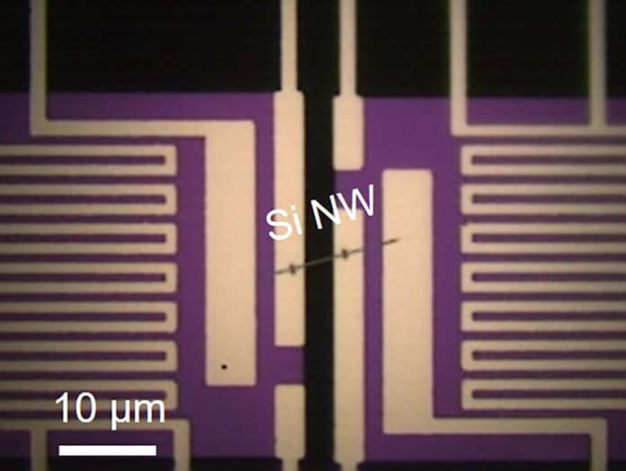 Optical microscopy image of a microdevice consisting of two suspended pads bridged by a silicon nanowire.