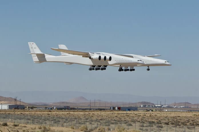 Stratolaunch's Roc carrier aircraft lands after successfully completing its seventh test flight.