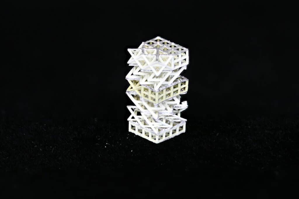 A 3D-printed lattice of piezoelectric metamaterials, which form the basis of the UCLA-developed "meta-bot."