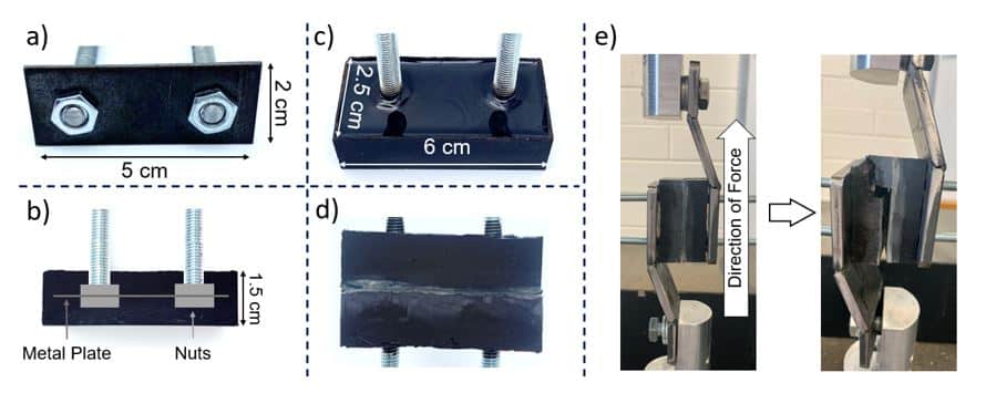 Figure showing how polymer bricks can be assembled as a building material (left).  Material strength test (right).