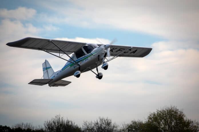 The Ikarus microlight aircraft completed a short UK flight, powered by 15 litres of whole-blend synthetic gasoline.