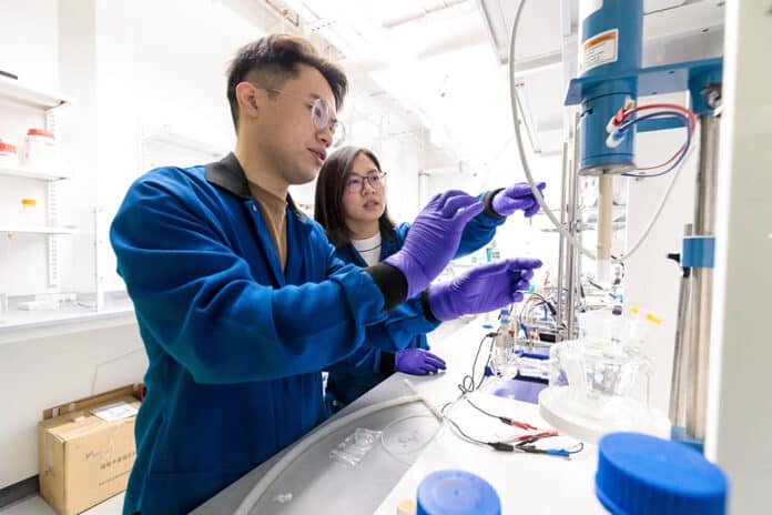 Assistant Professor Chong Liu (right) and her team use specialized electrode materials and membranes to pull lithium ions from salt brines without the need for harsh chemicals.