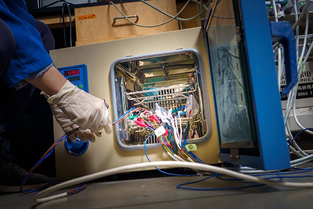 High temperature performance of battery pouch cells being tested in an oven heated to 50 C.