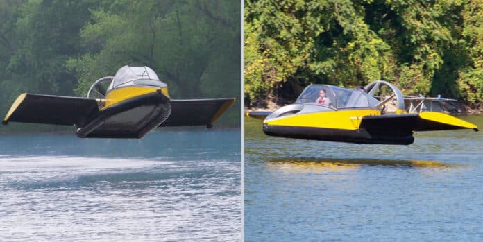 This 2-person Flying Hovercraft glides over land and water.