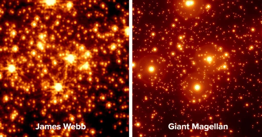 Perbandingan kualitas gambar dari sepetak kecil langit seperti yang diamati oleh Teleskop Luar Angkasa James Webb (kiri), dan simulasi Teleskop Magellan Raksasa menggunakan optik adaptif untuk mencapai difraksi pandangan terbatas dari Bumi (kanan).