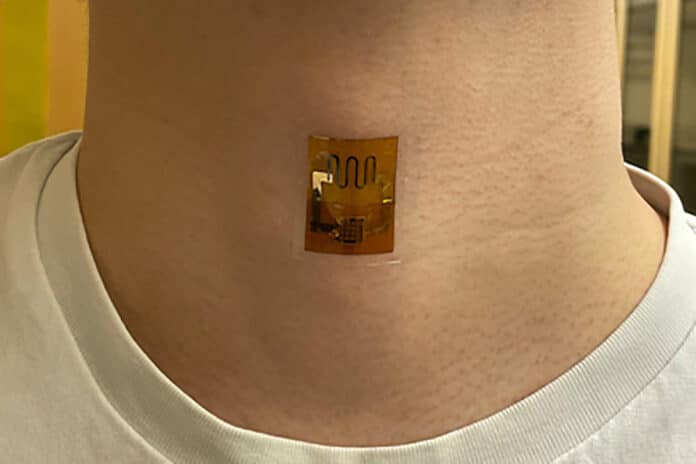 A biofilm-powered sensor, on the neck, that measures the mechanical signal of swallowing.