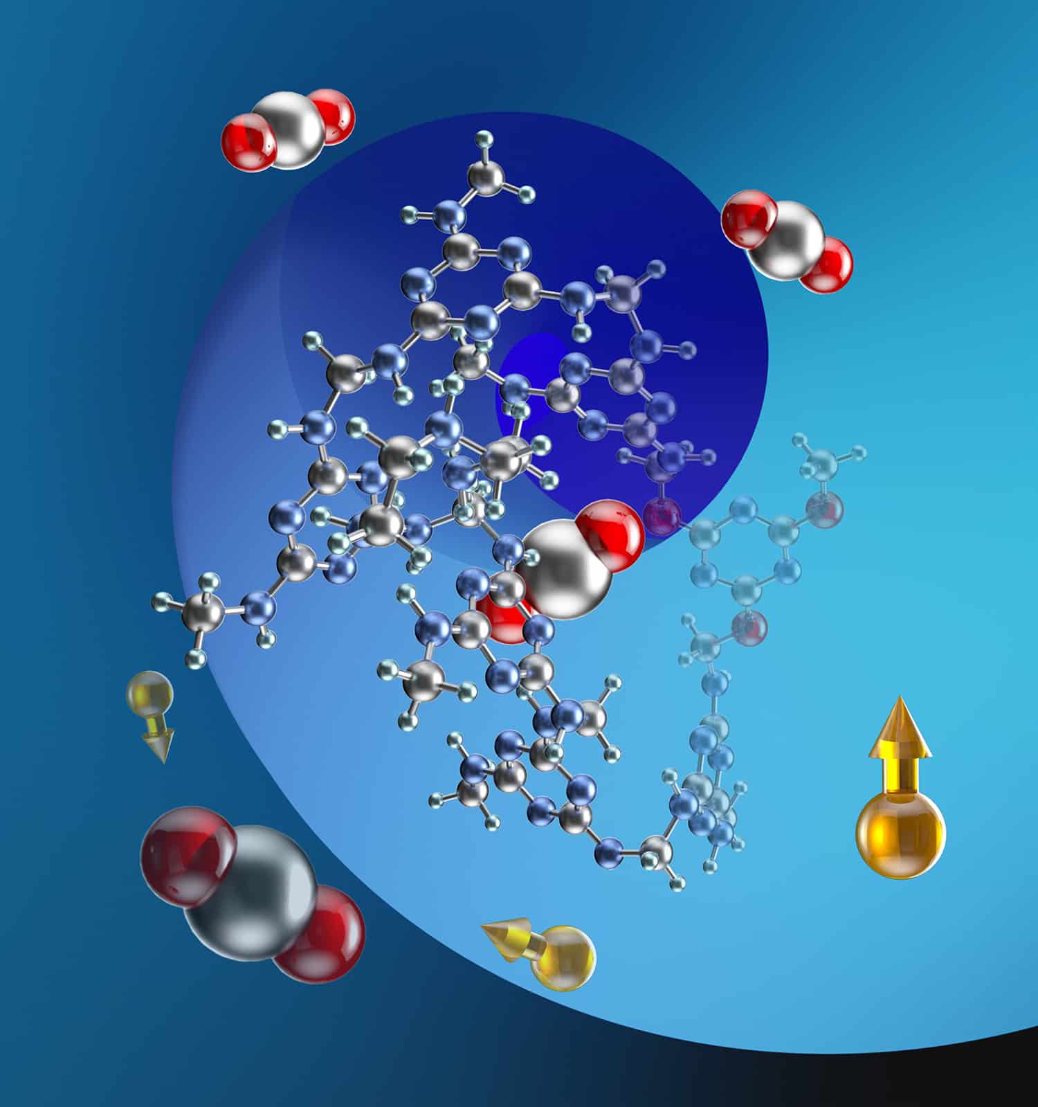 In the graphic, carbon dioxide molecules (carbon in silver, oxygen in red) interact with amines in the material (nitrogen in blue, hydrogen in green), allowing the material to adsorb the gas from smokestack emissions. The yellow balls with arrows represent carbon-13 isotopes and their nuclear spins, which were employed in NMR studies of the material.