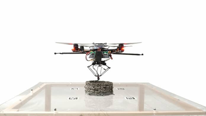 Aerial AM Cementitious 3D print using a custom-built drone with a delta-arm manipulator.
