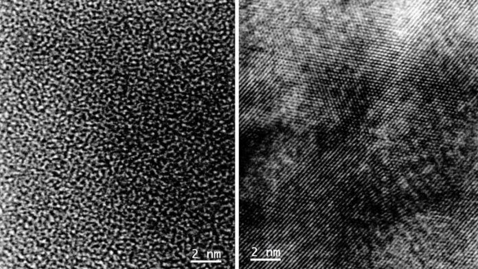 Images produced by transmission electron microscopy verified the transformation of the electrode material from a disordered arrangement of atoms (left) to an ordered, crystalline structure (right).