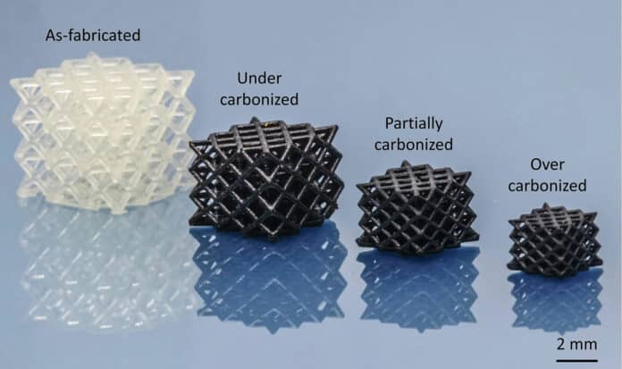 The four main types of samples studied in this work, namely as-fabricated, under-carbonized, partially carbonized, and over-carbonized microlattices.
