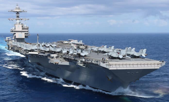 Aircraft carrier USS Gerald R. Ford leaves on its first deployment.