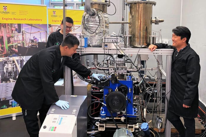 The Hydrogen-Diesel Direct Injection Dual-Fuel System has been developed by a team from the UNSW Engine Research Laboratory led by Professor Shawn Kook (right), and including Xinyu Liu (back left) and Jinxin Yang (front left).
