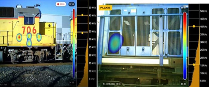Automated compressed air leak detection system that can acoustically and visually detect and report air leaks on moving trains.