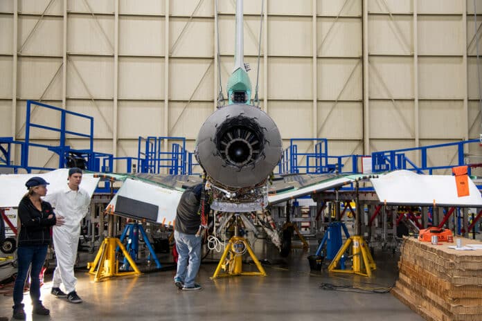 A GE Aviation F414-GE-100 engine is installed in NASA’s quiet supersonic X-59 aircraft, at Lockheed Martin’s Skunk Works facility in Palmdale, California.