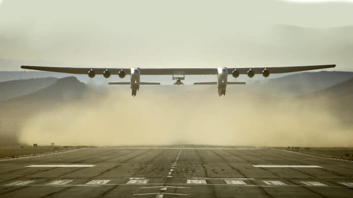 Stratolaunch's Roc aircraft takes off from Mojave Air and Space Port.