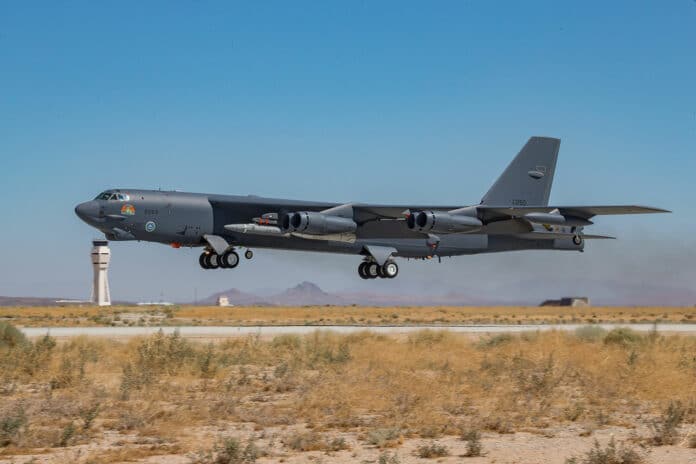 A B-52H Stratofortress assigned to the 419th Flight Test Squadron takes off from Edwards Air Force Base, Calif.
