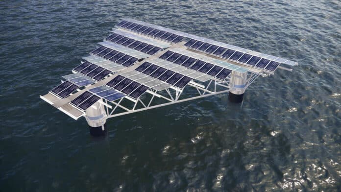 Offshore floating solar power generation system in water.