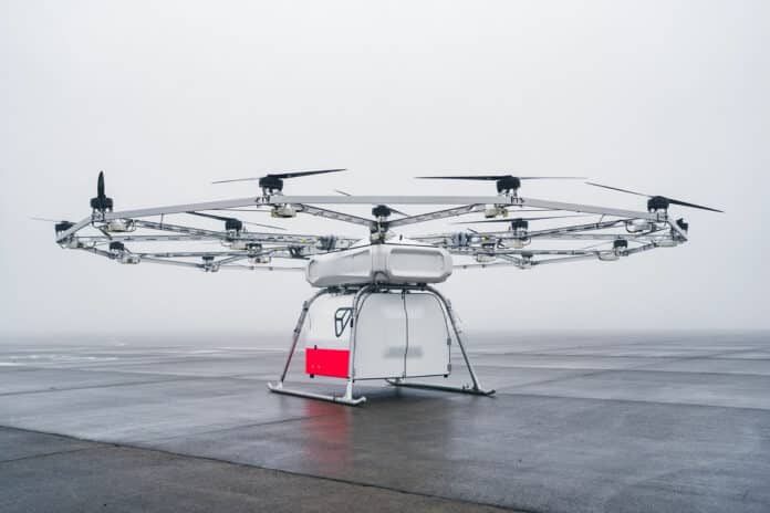 VoloDrone stands tall against the fog at Magdeburg-Cochstedt Airport.