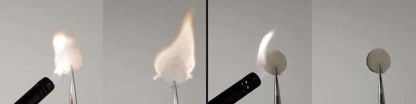 Standard battery materials (left) catch fire when exposed to flame, but a new material designed by SLAC and Stanford researchers (right) does not.