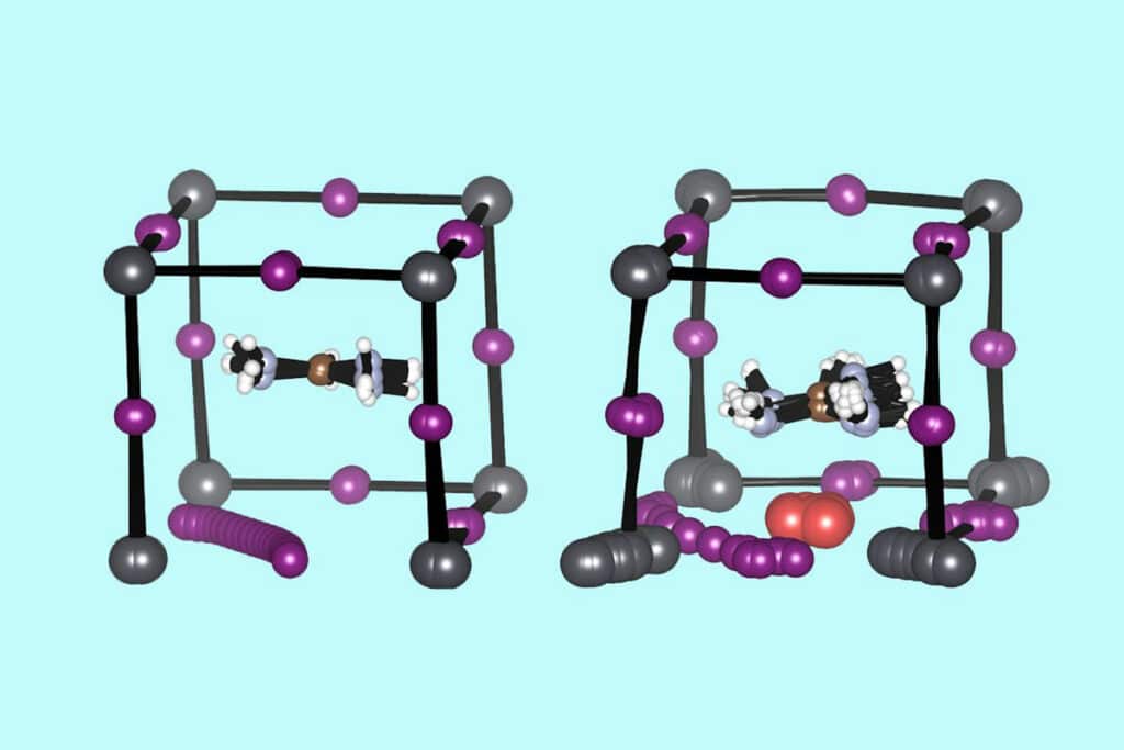 Diagrams showing the structure of an unaltered perovskite molecule (left) with iodine ions (purple) migrating away; and a perovskite molecule with neodymium ions (red) added to help retain iodine ions.