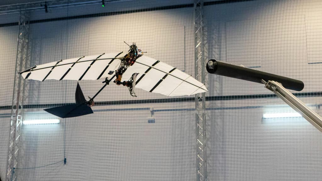 The robot can land autonomously on a horizontal perch using a claw-like mechanism.