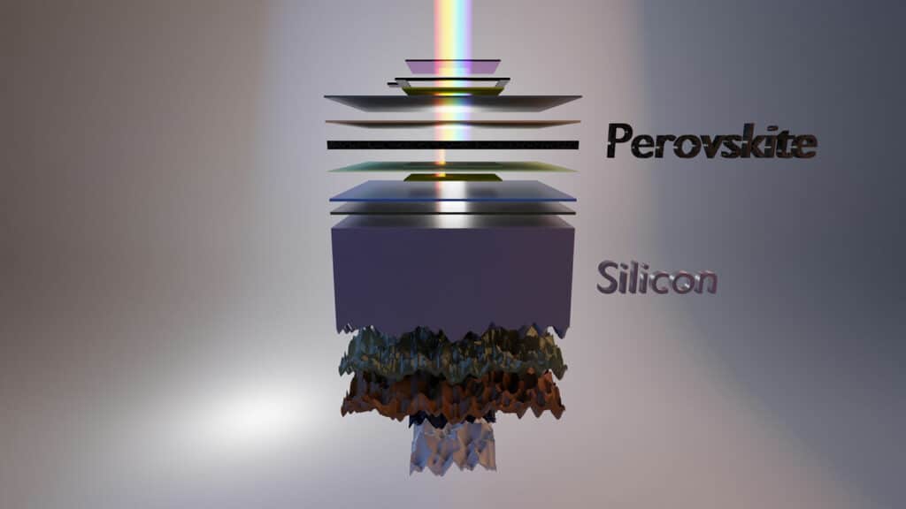 The illustration shows the schematic structure of the tandem solar cell with a bottom cell made of silicon and a top cell made of perovskite.