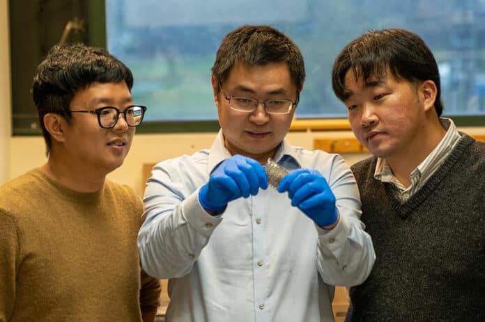 From left to right: Hyunseok Shim, postdoctoral scholar in the Penn State Department of Engineering Science and Mechanics (ESM), Cunjiang Yu, Dorothy Quiggle Career Development Associate Professor of Engineering Science and Mechanics and associate professor of biomedical engineering and of materials science and engineering, and Seonmin Jang, Penn State doctoral student in ESM, developed a fully rubbery stretchable diode that maintains performance.
