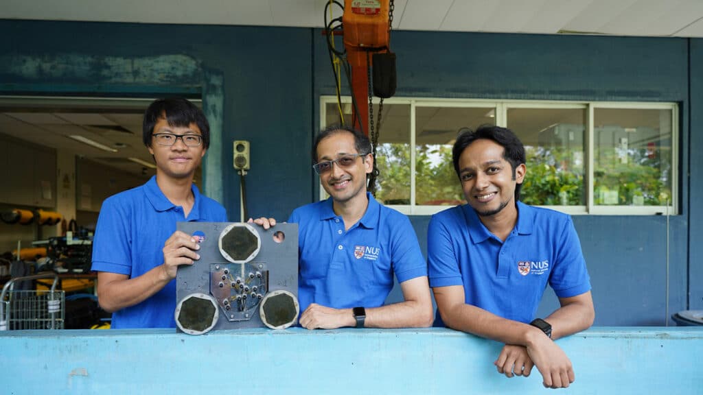 (From right) Researchers from the Acoustic Research Laboratory at the NUS Tropical Marine Science Institute Dr Hari Vishnu, Associate Professor Mandar Chitre, and Mr Abel Ho, are part of the team behind the development of the compact sonar.