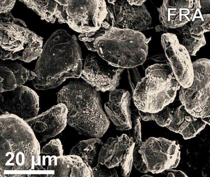 Flash-recycled anode particles as seen under through a scanning electron microscope.