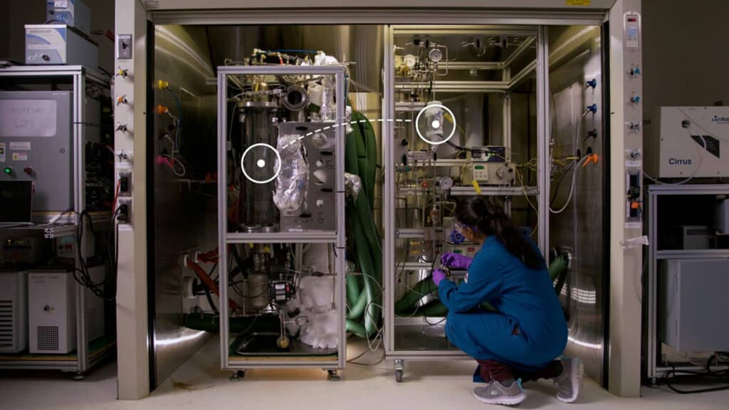 The new carbon capture and conversion system takes up only as much space as a walk-in closet.