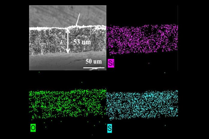 Image shows microstructure and elemental mapping (silicon, oxygen and sulfur) of porous sulfur-containing interlayer after 500 charge-discharge cycles in lithium-sulfur cell.