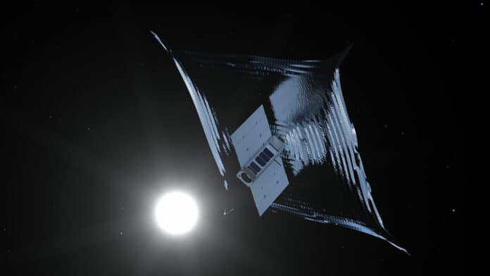 Artist impression of the Drag Augmentation Deorbiting System (ADEO) breaking sail.