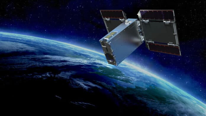 Artist's illustration of Sony's STAR SPHERE-1 satellite in orbit.