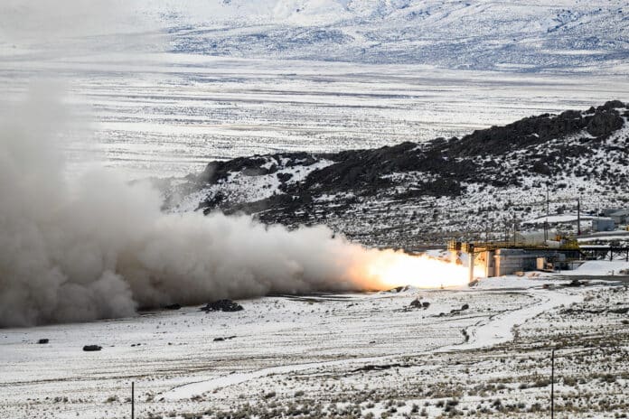 The Air Force Nuclear Weapons Center conducted its first full-scale static test fire of the LGM-35A Sentinel stage-one solid rocket motor at the Northrop Grumman test facility in Promontory.