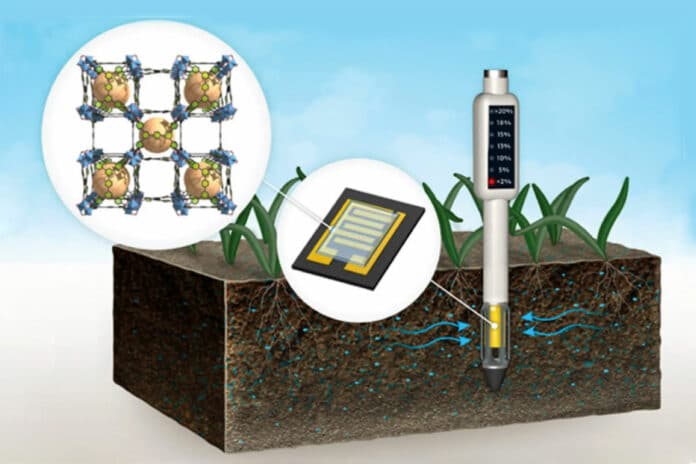 The system incorporates metal-organic frameworks, especially selective for water molecules, into a soil moisture sensor.