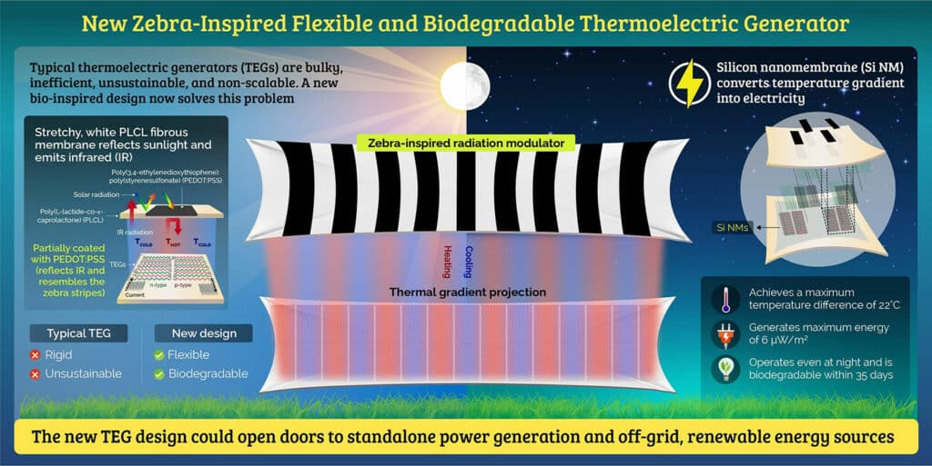 Zebra-inspired stretchable, biodegradable radiation modulator for all-day sustainable energy harvesters.