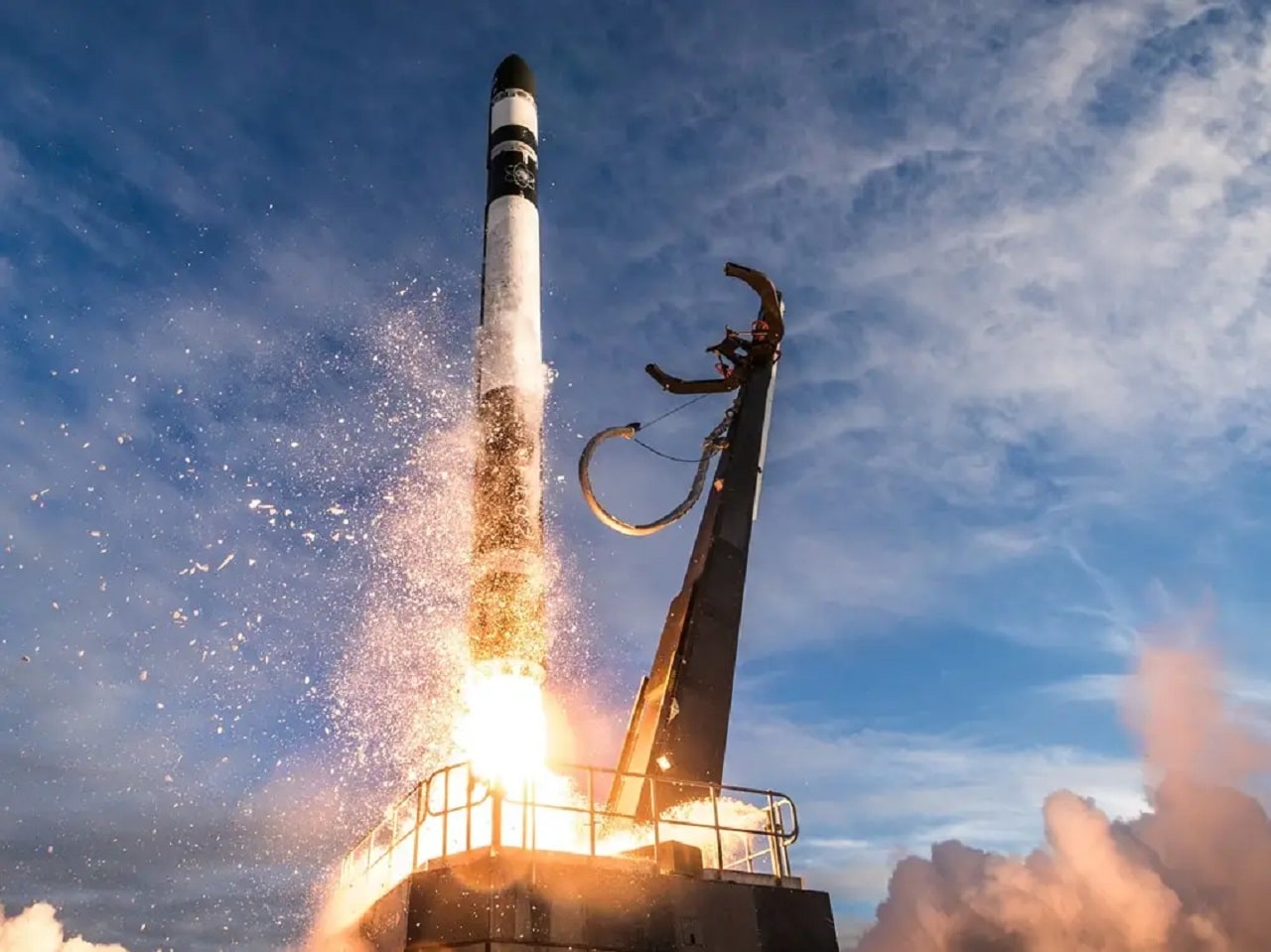 A Rocket Lab Electron launch vehicle lifts off from Launch Complex 1.